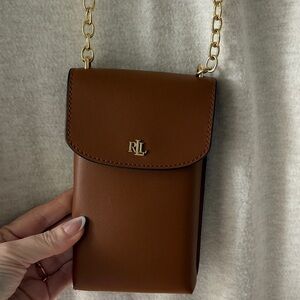 Ralph Lauren Tan Leather Crossbody Phone Pouch with Gold Chain